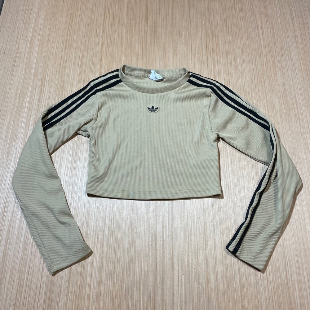 Adidas Crop Top Women XS Tan Ribbed Long Sleeve 3 Stripe Trefoil Logo
